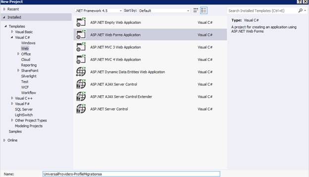 Zrzut ekranu przedstawiający nowo utworzoną aplikację Web Forms w programie Visual Studio 2012 przy użyciu szablonu Web Forms.