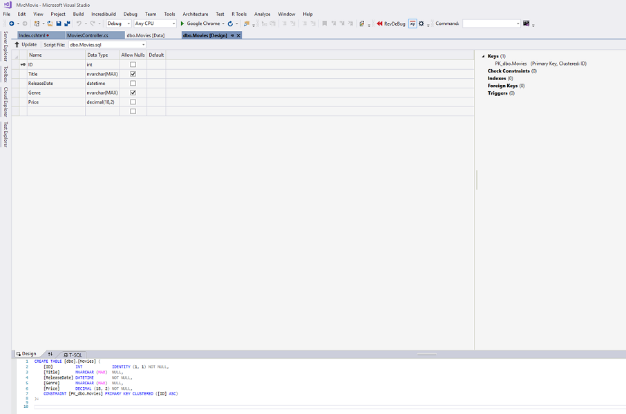 Zrzut ekranu przedstawiający okno M V C Movie Microsoft Visual Studio. Wybrano kartę d b o dot Movies Design (Projektowanie filmów).