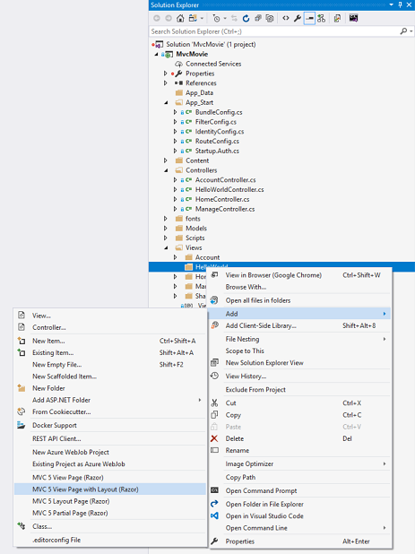 Zrzut ekranu przedstawiający okno Eksplorator rozwiązań. Hello world menu kliknij prawym przyciskiem myszy i Dodaj podmenu są otwarte, a strona widoku języka M V C 5 z układem Razor jest zaznaczona.
