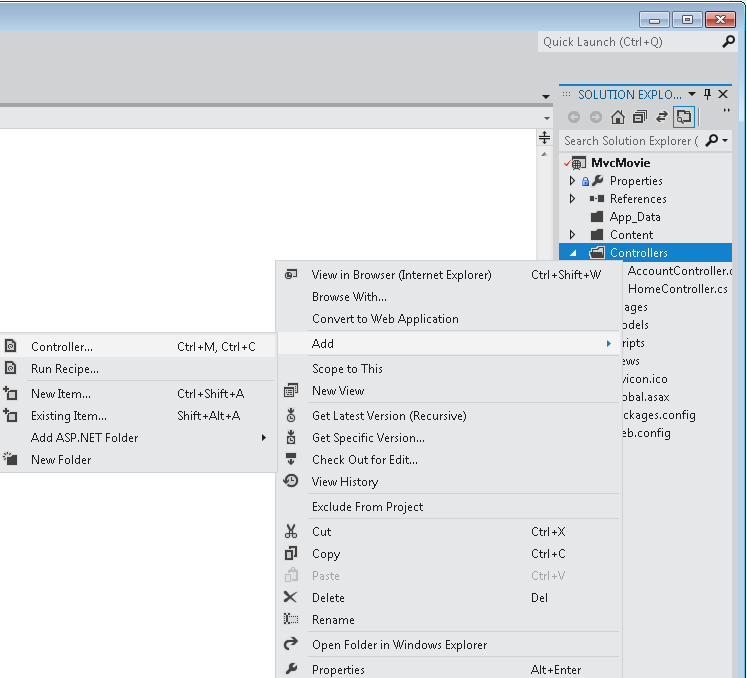 Zrzut ekranu przedstawiający okno Eksplorator rozwiązań. Opcja Dodaj jest zaznaczona w menu prawym przyciskiem myszy kontrolery, a kontroler jest zaznaczony w menu podrzędnym.