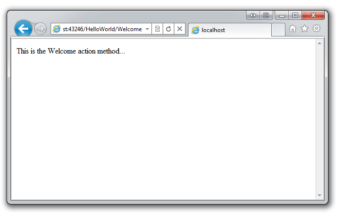 Zrzut ekranu przedstawiający przeglądarkę z tekstem To jest metoda akcji Powitaj w oknie.