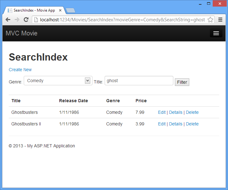 Zrzut ekranu przedstawiający stronę indeksu wyszukiwania filmów W języku C języka M.