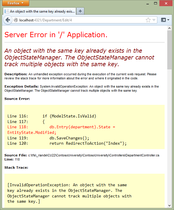 Zrzut ekranu przedstawiający stronę Edytowanie działu z komunikatem o błędzie menedżera stanu obiektu.