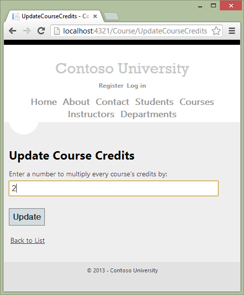Zrzut ekranu przedstawiający początkową stronę Aktualizuj środki na kurs z numerem 2 wprowadzonym w polu tekstowym.