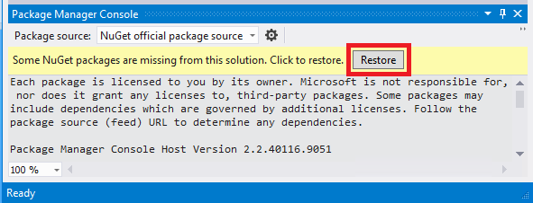 Zrzut ekranu przedstawiający przywracanie programu Visual Studio.