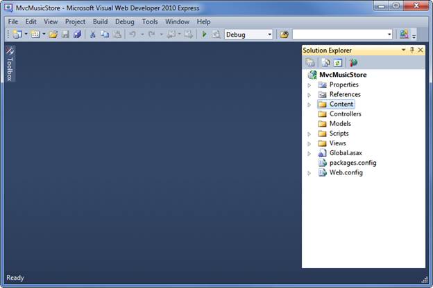 Zrzut ekranu przedstawiający okno Eksplorator rozwiązań po utworzeniu projektu, które pokazuje listę folderów, które zostały dodane do aplikacji.