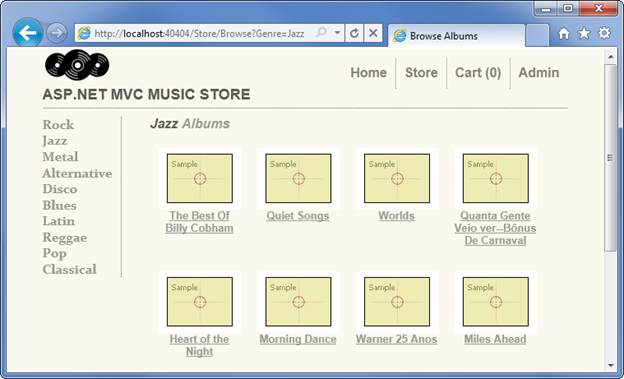 Zrzut ekranu przedstawiający menu wyboru albumów gatunkowych A S P dot Net, które pokazuje kolekcję albumów w danym gatunku.