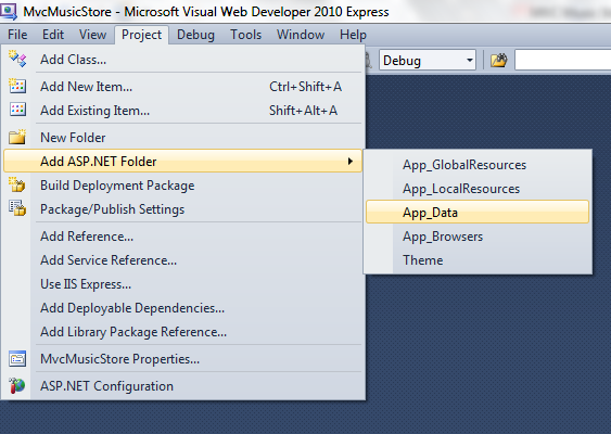 Zrzut ekranu przedstawiający menu Project (Projekt), aby dodać element A S P . N E T Folder, aby wybrać dane aplikacji.