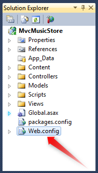 Zrzut ekranu przedstawiający plik konfiguracji sieci Web w Eksploratorze rozwiązań w celu utworzenia w nim parametrów połączenia.