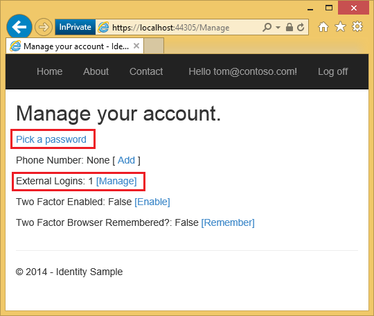 Zrzut ekranu przedstawiający stronę My A S P dot Net Manage your account (Zarządzanie kontem). Wyróżniono wiersze Wybierz hasło i zewnętrzne identyfikatory logowania.
