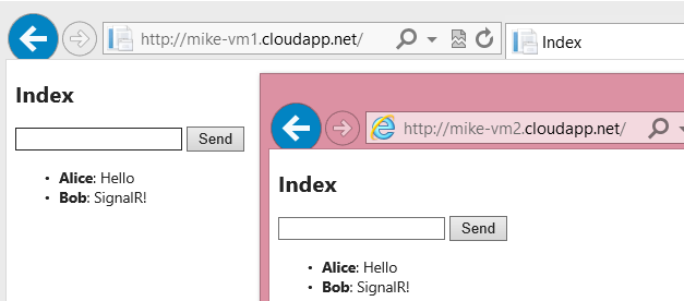 Zrzut ekranu przedstawiający komunikaty Signal R wyświetlane w przeglądarce internetowej programu Internet Explorer z wyświetlonym ekranem Indeks.
