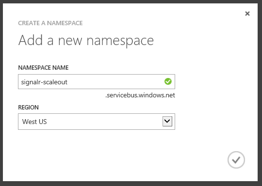Zrzut ekranu przedstawiający ekran Dodawanie nowej przestrzeni nazw z wpisami wprowadzonymi w polach Nazwa przestrzeni nazw i Region.