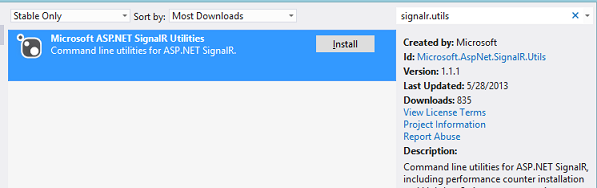 Zrzut ekranu przedstawiający narzędzia wiersza polecenia S S P dot NET Signal R Utilities dla wyróżnionego S P dot NET Signal R.