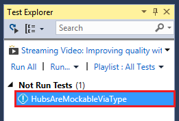 Zrzut ekranu przedstawiający pozycję HubsAreMockableViaType wybraną w oknie Eksplorator testów.
