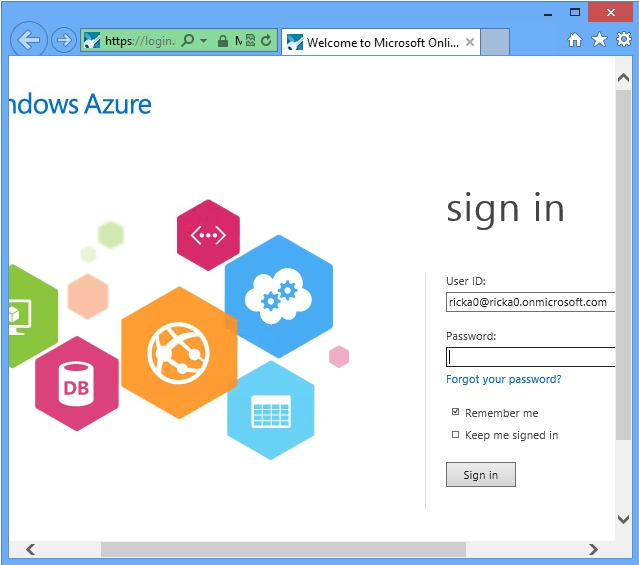 Zrzut ekranu przedstawiający stronę logowania do platformy Windows Azure.