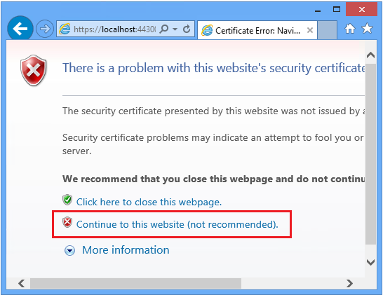 Zrzut ekranu przedstawiający ostrzeżenie o zabezpieczeniach witryny internetowej. Przejdź do tej witryny internetowej, która nie jest zalecana, jest zakreślina na czerwono.