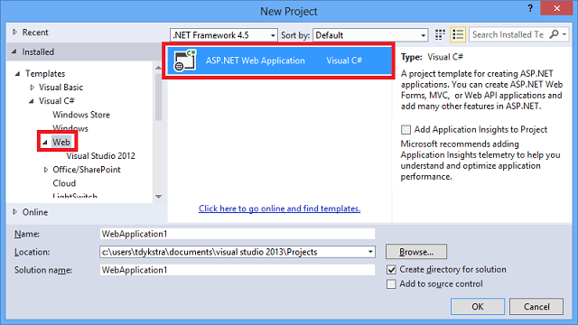 Zrzut ekranu przedstawiający okno Nowy projekt z wybraną ASP.NET aplikacją internetową.