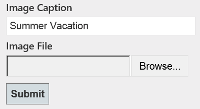 Zrzut ekranu przedstawiający formularz HTML przedstawiający pole Podpis obrazu z tekstem Summer Vacation i selektorem pliku obrazu.
