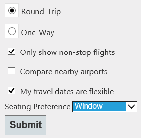 Zrzut ekranu przedstawiający formularz HTML z wypełnionym okręgiem Round-Trip, a pole wyboru Pokaż tylko loty nieobsługiwne i Moje daty podróży są zaznaczone elastycznymi polami.