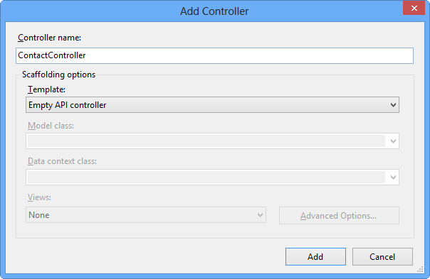 Za pomocą okna dialogowego Dodawanie kontrolera w celu utworzenia nowego kontrolera internetowego interfejsu API