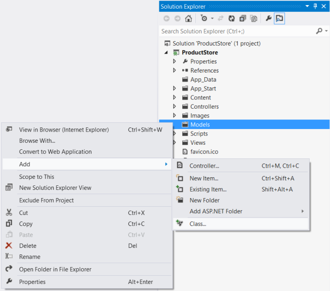 Zrzut ekranu przedstawiający menu Eksploratora rozwiązań z wyróżnionym wyborem modeli w celu wyświetlenia dodatkowego menu w celu wybrania opcji dodaj klasę.