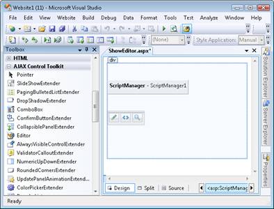 Program Visual Studio Projektant z kontrolką ScriptManager i Edit