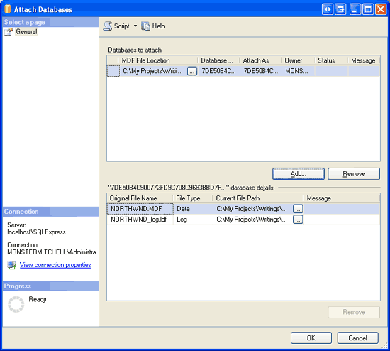 Zrzut ekranu przedstawiający okno Dołączanie baz danych pokazujące sposób dołączania do pliku MDF bazy danych.