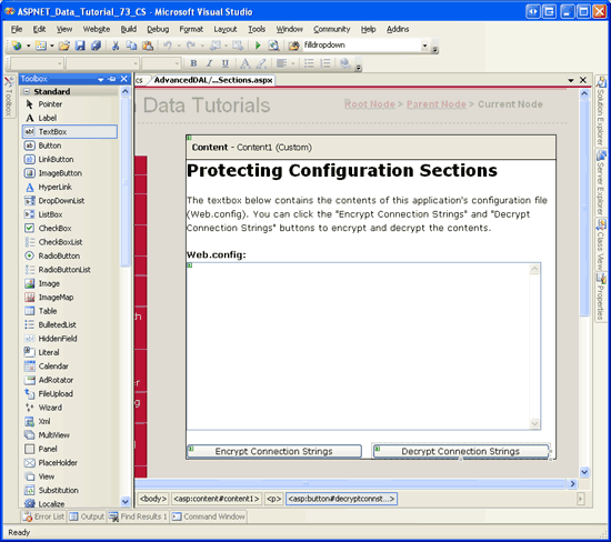 Zrzut ekranu przedstawiający program Visual Studio otwarty na stronie EncryptingConfigSections.aspx z nową kontrolką TextBox i dwoma kontrolkami Przycisk.