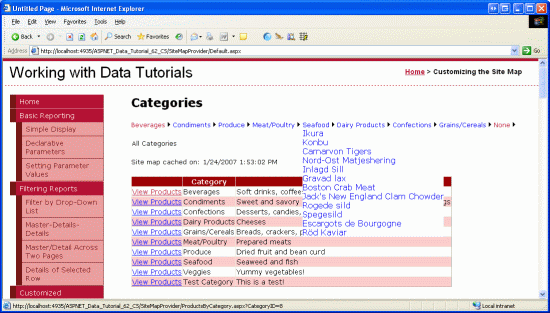 Kontrolka menu Listy każdą z kategorii i produktów