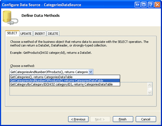 Konfigurowanie obiektu ObjectDataSource do używania metody GetCategoriesAndNumberOfProducts