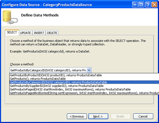 Konfigurowanie obiektu ObjectDataSource do używania metody GetProductsByCategoryID(categoryID) klasy ProductsBLL