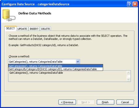 Konfigurowanie obiektu ObjectDataSource do używania metody GetCategories()