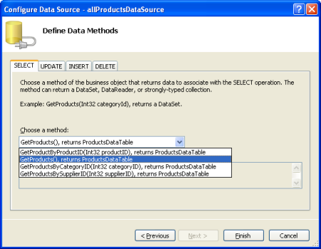 Konfigurowanie obiektu ObjectDataSource w celu wywołania metody GetProducts()