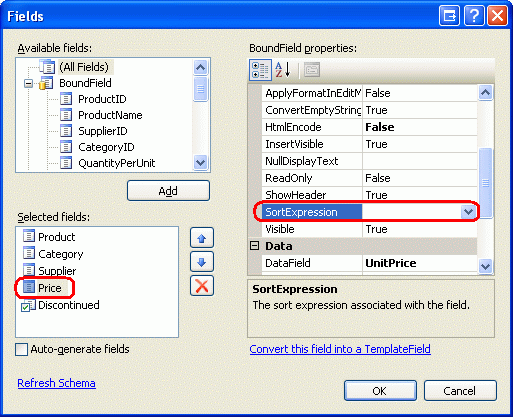 Zrzut ekranu przedstawiający okno Pola z wyróżnioną wartością Price (Cena) i SortExpression (SortExpression).