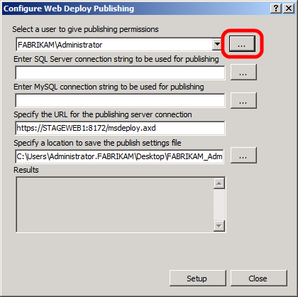 W oknie dialogowym Konfigurowanie publikowania programu Web Deploy po prawej stronie listy Wybierz użytkownika, aby nadać uprawnienia do publikowania, kliknij przycisk wielokropka.