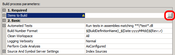 W tabeli Build process parameters (Parametry procesu kompilacji) kliknij wiersz Items to Build (Elementy do kompilacji), a następnie kliknij przycisk wielokropka.