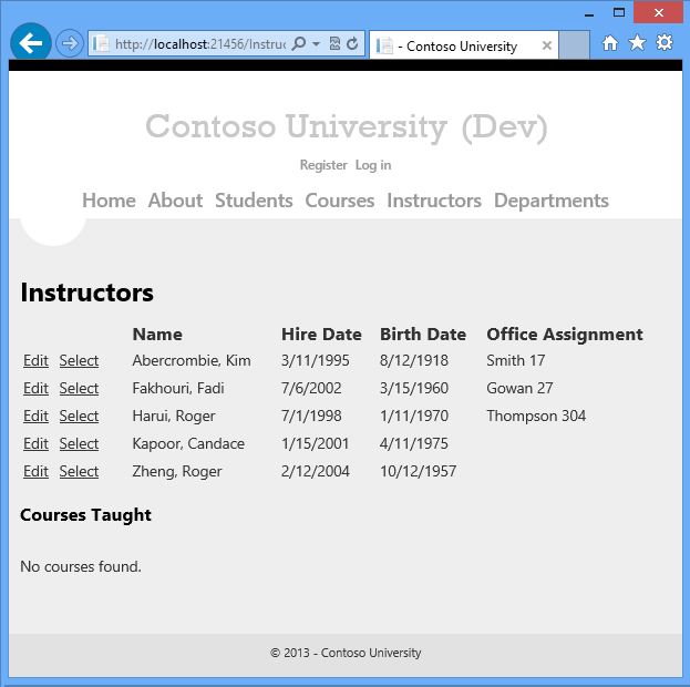 Zrzut ekranu przedstawiający stronę Instruktorzy z wyświetloną nazwą, datą zatrudnienia, datą urodzenia i przypisaniem pakietu Office.
