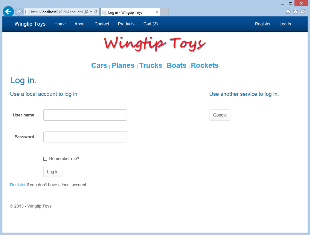 Wingtip Toys — logowanie