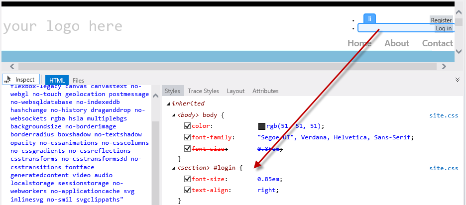 Zrzut ekranu przedstawiający okno Inspektor strony w trybie inspekcji i wybranie linków Zarejestruj i Zaloguj w celu uzyskania dostępu do kodu Styles.css.