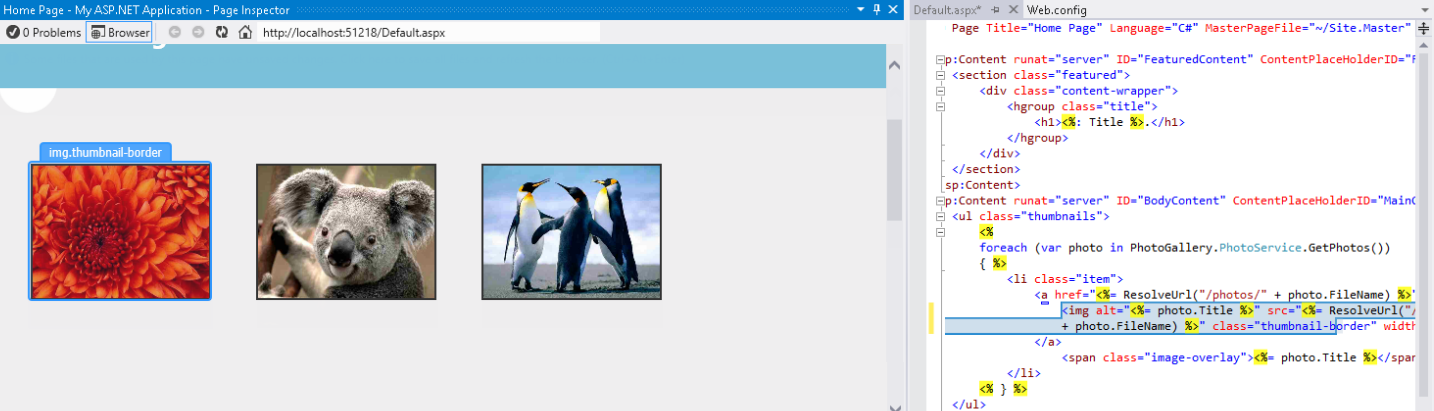 Zrzut ekranu przedstawiający okno Page Inspector (Inspektor strony) i edytor programu Visual Studio z wyświetlonym typem elementu i wyróżnionym odpowiednim kodem.