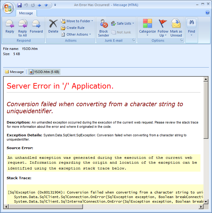 Zrzut ekranu przedstawiający powiadomienie e-mail odebrane przez dewelopera, gdy występuje nieobsługiwany wyjątek.