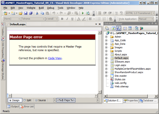 Program Visual Studio używa atrybutu MasterPageFile dyrektywy <span