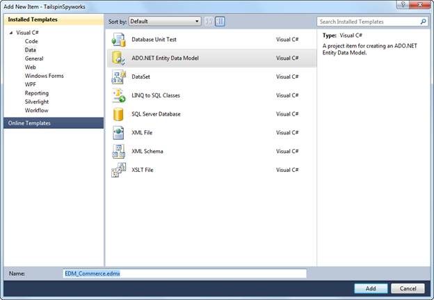 Zrzut ekranu pokazujący, gdzie wybrać model danych jednostki D O dot NET.