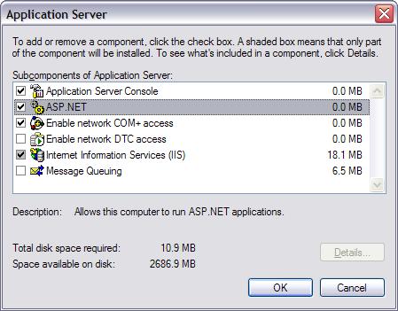 Zrzut ekranu przedstawiający ekran serwera aplikacji. ASP.NET jest wyróżniona.