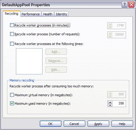 Zrzut ekranu przedstawiający ekran Właściwości domyślnej puli aplikacji menedżera usług IIS systemu Windows. Opcja Odtwarzanie procesów roboczych (w minutach) jest niezaznaczone.