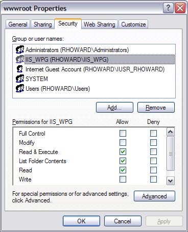 Zrzut ekranu przedstawiający ekran właściwości wwwroot systemu Windows z wybraną kartą Zabezpieczenia.