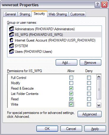 Zrzut ekranu przedstawiający ekran właściwości wwwroot systemu Windows. Wybrano kartę Zabezpieczenia.