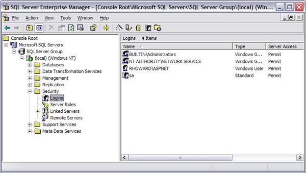 Zrzut ekranu przedstawiający ekran menedżera SQL Enterprise Manager systemu Windows. W menu wyróżniono pozycję Identyfikatory logowania.