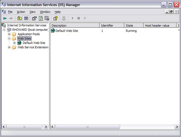 Zrzut ekranu przedstawiający ekran Menedżera usług IIS systemu Windows. Folder witryn sieci Web został wyróżniony.