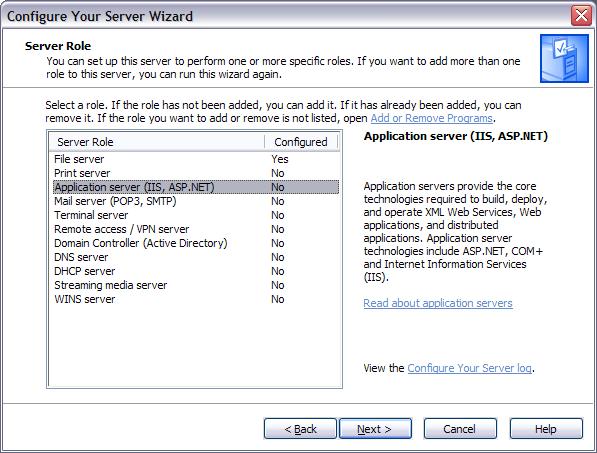 Zrzut ekranu przedstawiający ekran Kreatora konfigurowania serwera z systemem Windows zatytułowany rola serwera. W menu jest wyświetlana wyróżniona opcja serwera aplikacji.